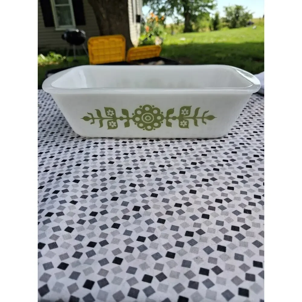 vtg Glasbake Milk Glass Loaf Pan Baking Dish 1-1/2 Qt w Green Modern Flowers